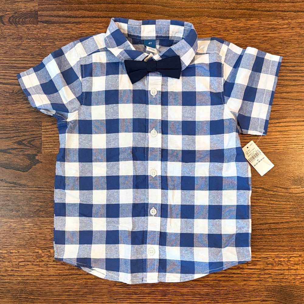 Old Navy Kids Blue and White Plaid Shirt with Bow Tie